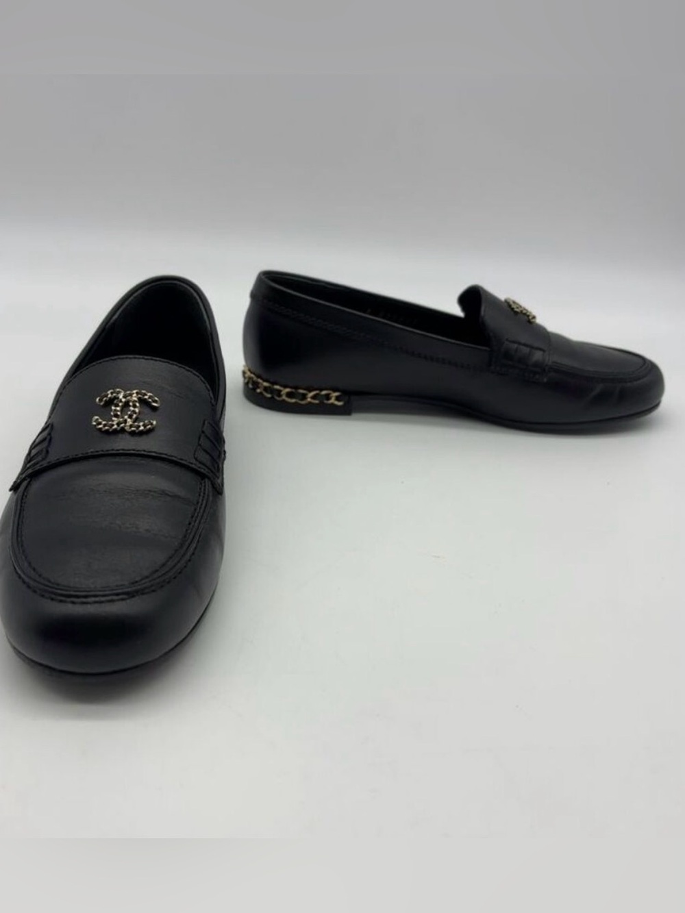 Chanel Black Leather Chain Accent Loafers